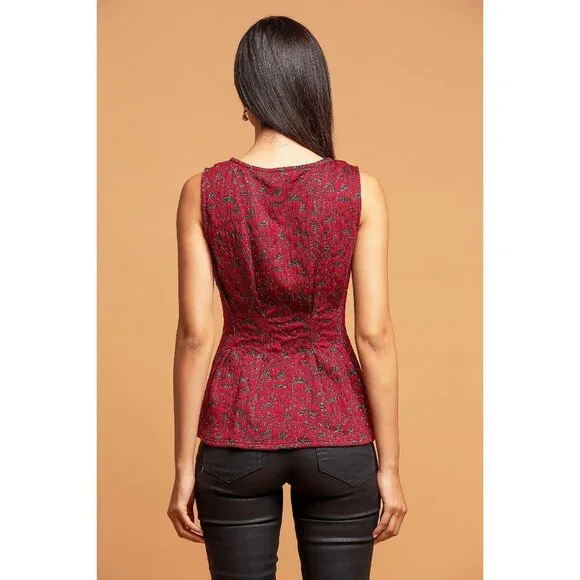 Anthropologie Eva Franco Metallic Sleeveless Peplum Top Tank Burgundy - Picture 3 of 5